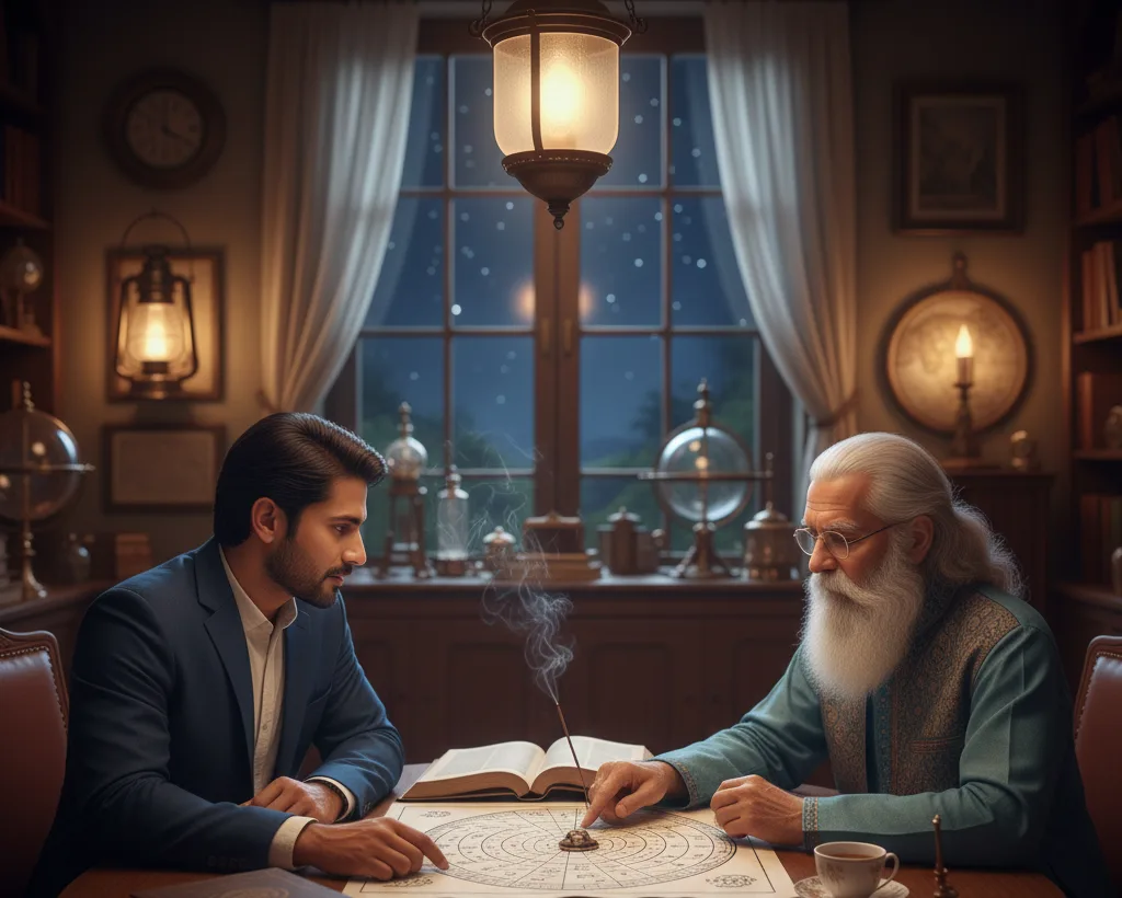 An astrologer reading a birth chart with a client